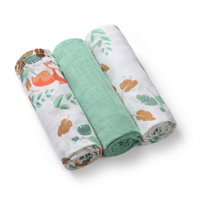 Pastelno zelene tetra pelene od muslina s printom, FOREST (3 KOMADA) BabyOno