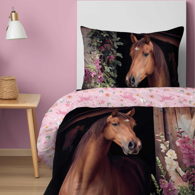 Ružičasta dvostrana posteljina BROWN HORSE, Good Morning 140x200 cm