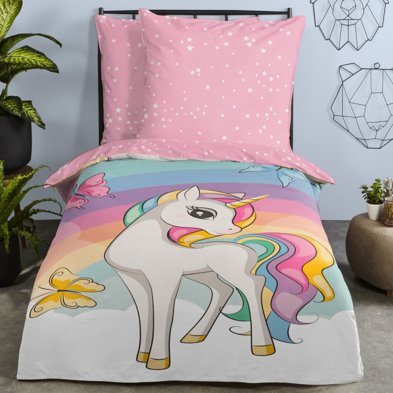 Roza otroška posteljnina UNICORN mavrica in metuljčki 140x200 cm, Good Morning (30750-G)
