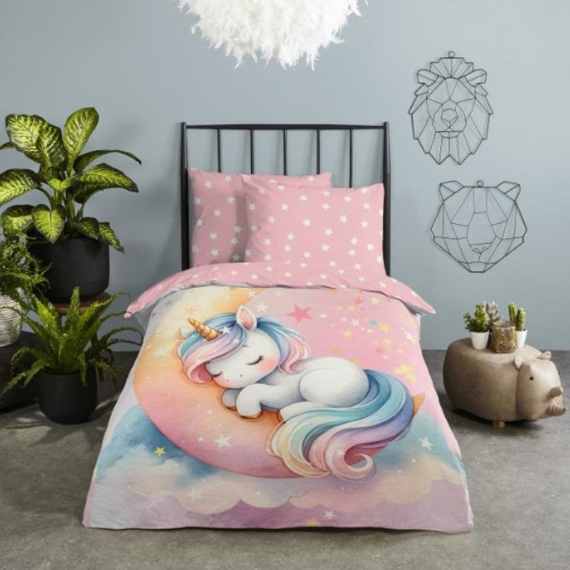 Roza dječja posteljina BABY UNICORN na mjesecu 140x200 cm, Good Morning (33303)