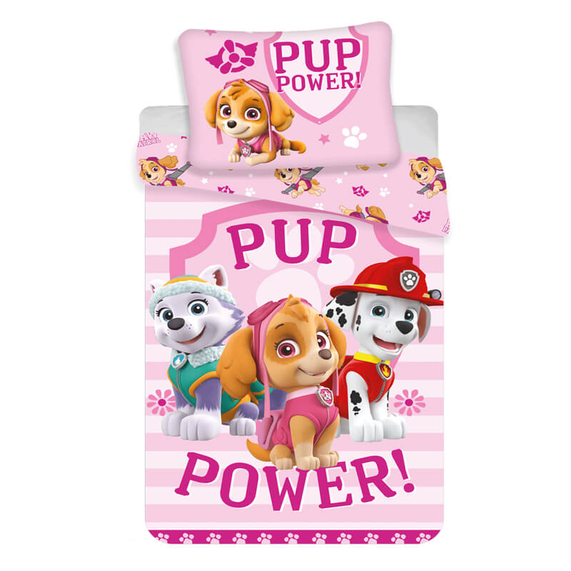 Dvostranska roza 2-delna posteljnina TAČKE NA PATRULJI pup power 135x100 cm