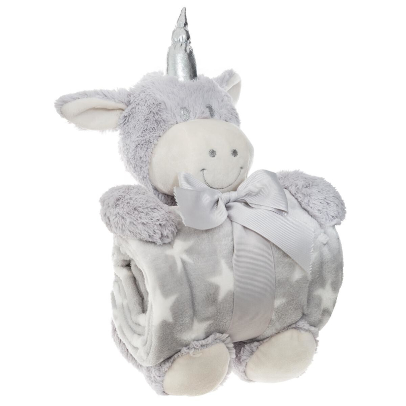 Siva plišasta igrača UNICORN z odejo 75x100 cm