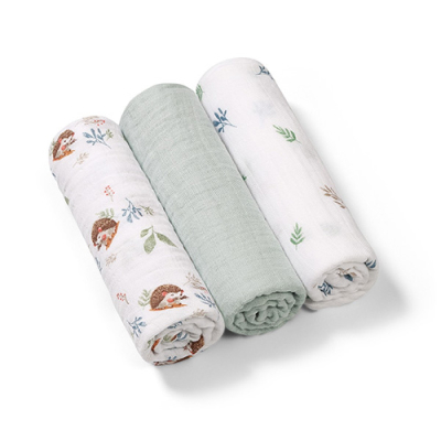 Pastelno zelene tetra muslin pelene s printom, JEŽ (3 KOM) BabyOno