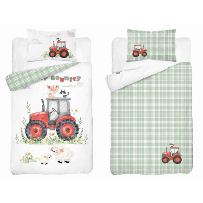 Bijela posteljina TRAKTOR - zeleni KARE 120x90 cm