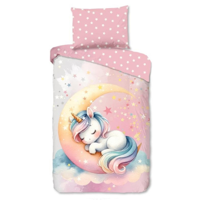 Roza dječja posteljina BABY UNICORN na mjesecu 140x200 cm, Good Morning (33303)
