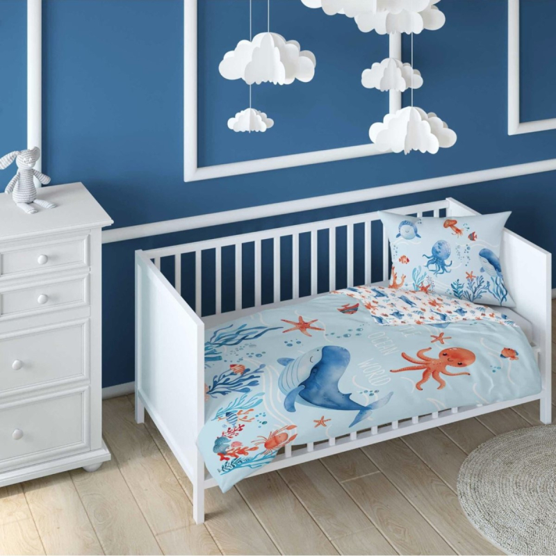 Plava posteljina OCEAN, Little Ocean World 120x90 cm